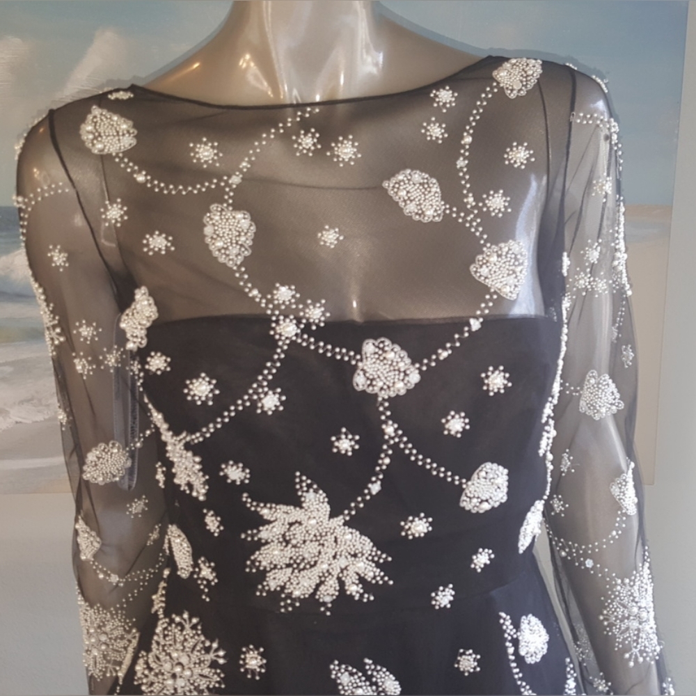$7,900 OSCAR DE LA RENTA EXCL FLORAL EMBROID BLACK TULLE SILK MIDI DRESS 6 M - Picture 5 of 16